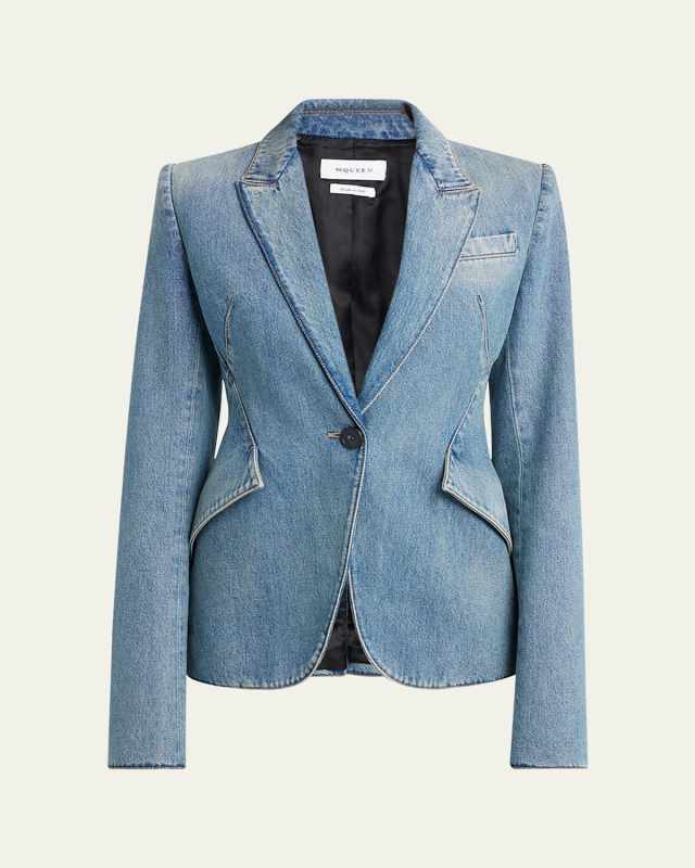 Light-Wash Denim Single-Breasted Blazer